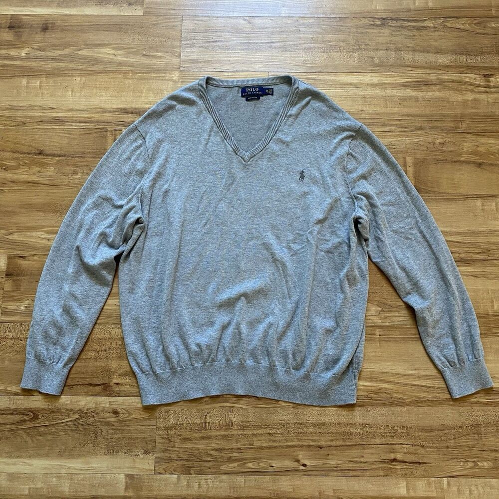 POLO RALPH LAUREN Mens XXL Gray Pony Pima Cotton V-Neck Knit Sweater Preppy Golf